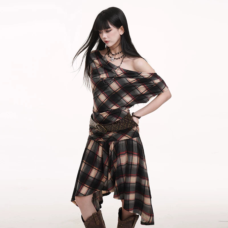Plaid One-Shoulder Mini Dress for Women – Asymmetrical Sleeveless Dress
