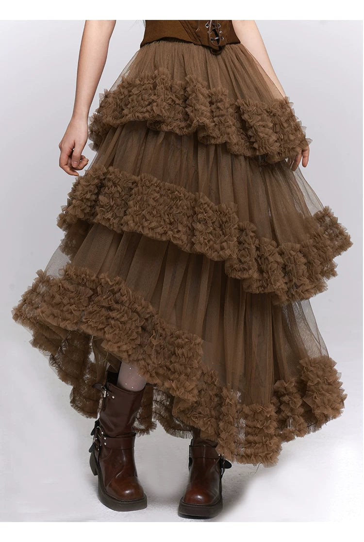 Women’s Brown Tiered Tulle Maxi Skirt – A-Line Puffy Long Skirt