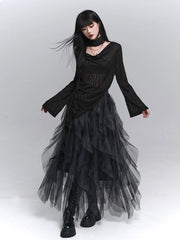 Women’s Black Long Sleeve Blouse with Cut-Out Detail – Lightweight Swing Collar Top for Fall