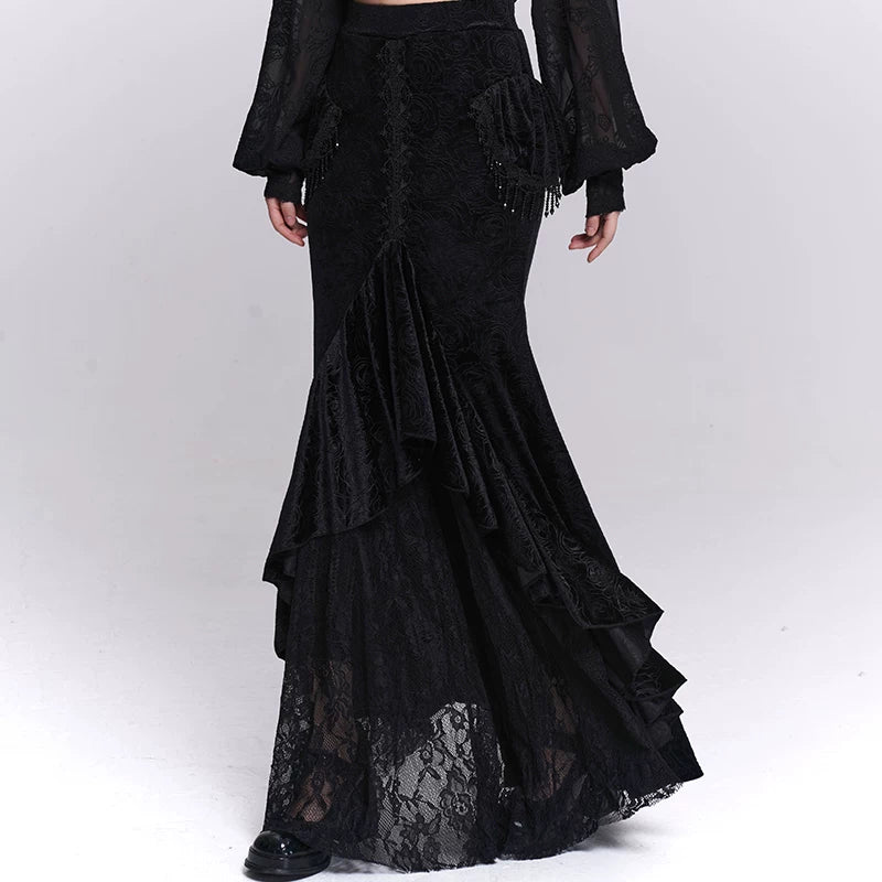Women’s Black Velvet Midi Skirt – Fishtail Mermaid Hem Skirt