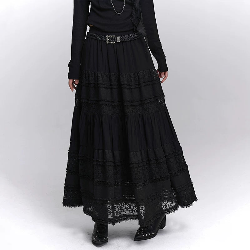 Black Lace A-Line Maxi Skirt for Women – High-Waisted Skirt