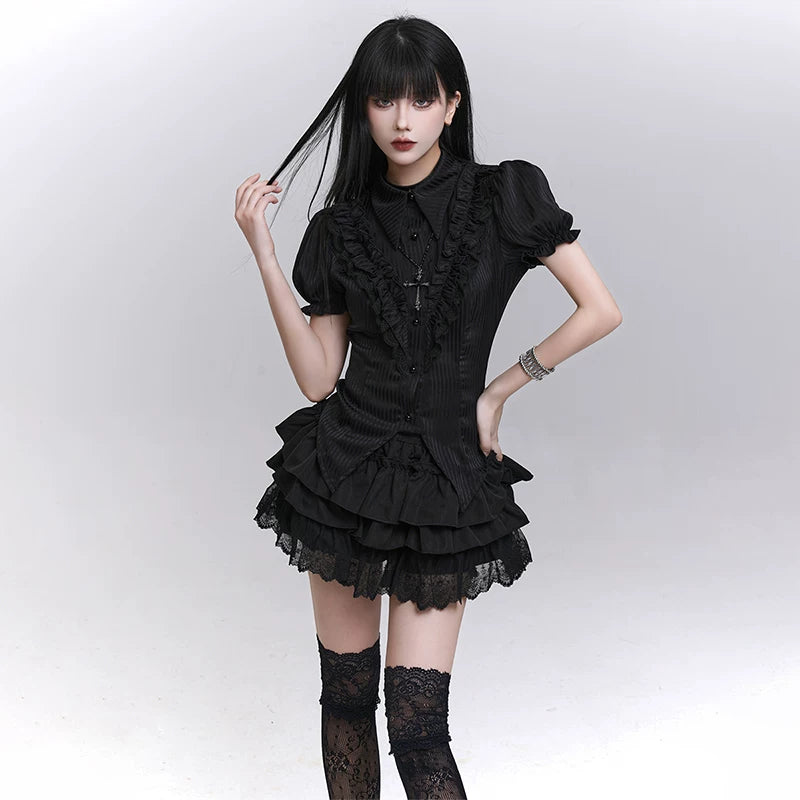 Black Tiered Mini Skirt for Women – Gothic-Inspired High-Waisted Ruffle Skirt