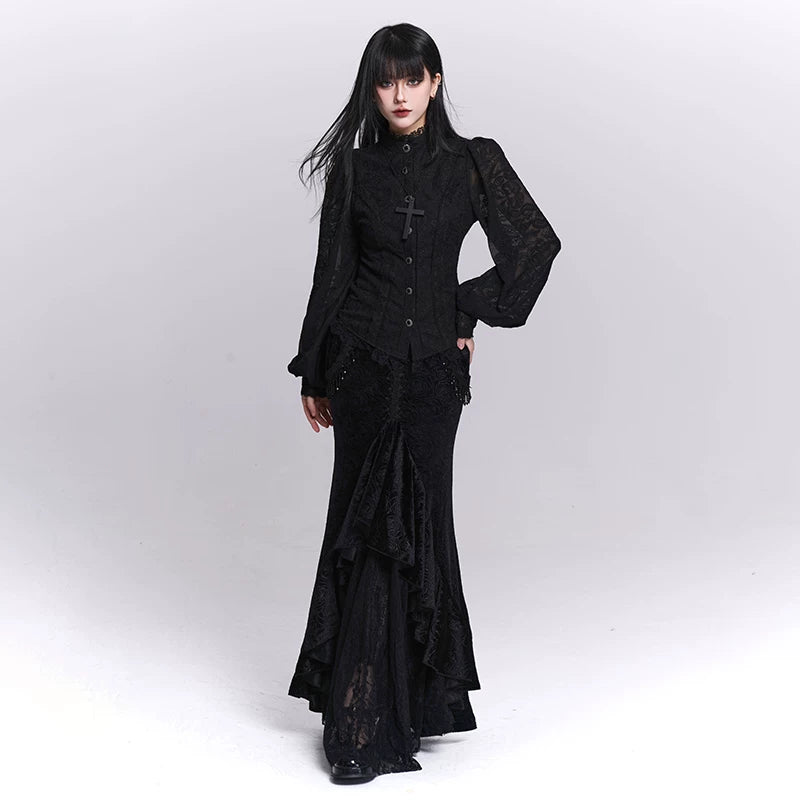 Women’s Black Jacquard Blouse – Waist-Cinching Slim Fit Top