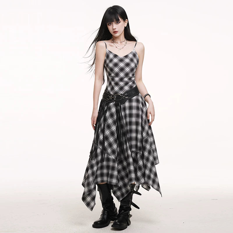Black and White Plaid Suspender Mini Dress for Women – Asymmetrical A-Line Dress