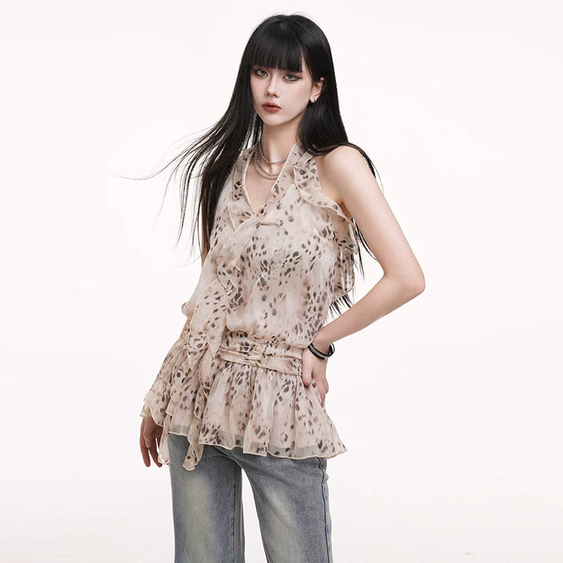 Women’s Chiffon Halter Top Sleeveless Lightweight Blouse Flowy Summer Top