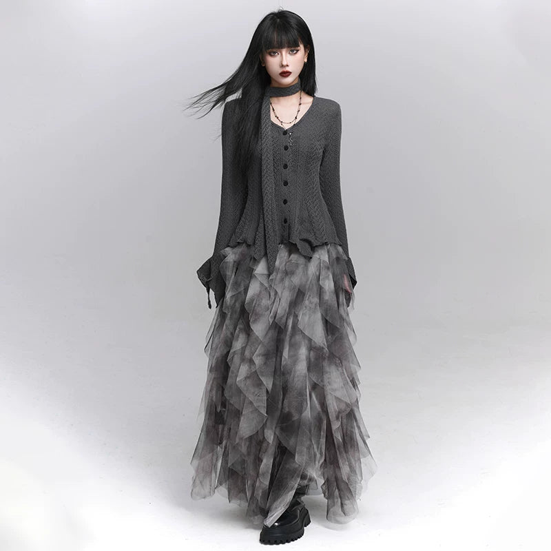 Women’s Black Mesh Midi Skirt with Irregular Hem – High-Waisted for Summer