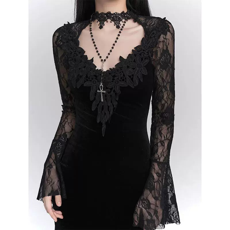Red Gothic A-Line Maxi Dress for Women – Elegant Long Sleeve Dress