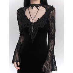 Red Gothic A-Line Maxi Dress for Women – Elegant Long Sleeve Dress