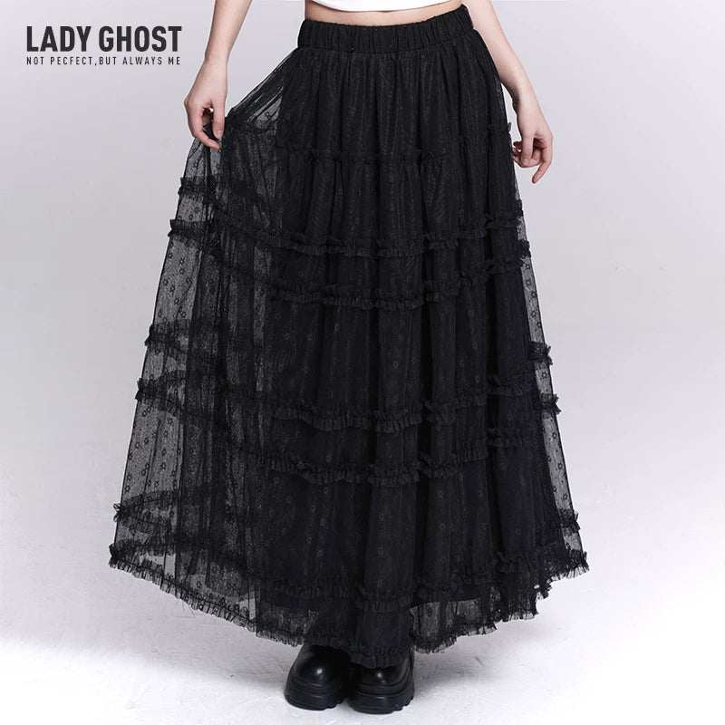 Women’s Black Lace Mesh Maxi Skirt – A-Line Long Skirt