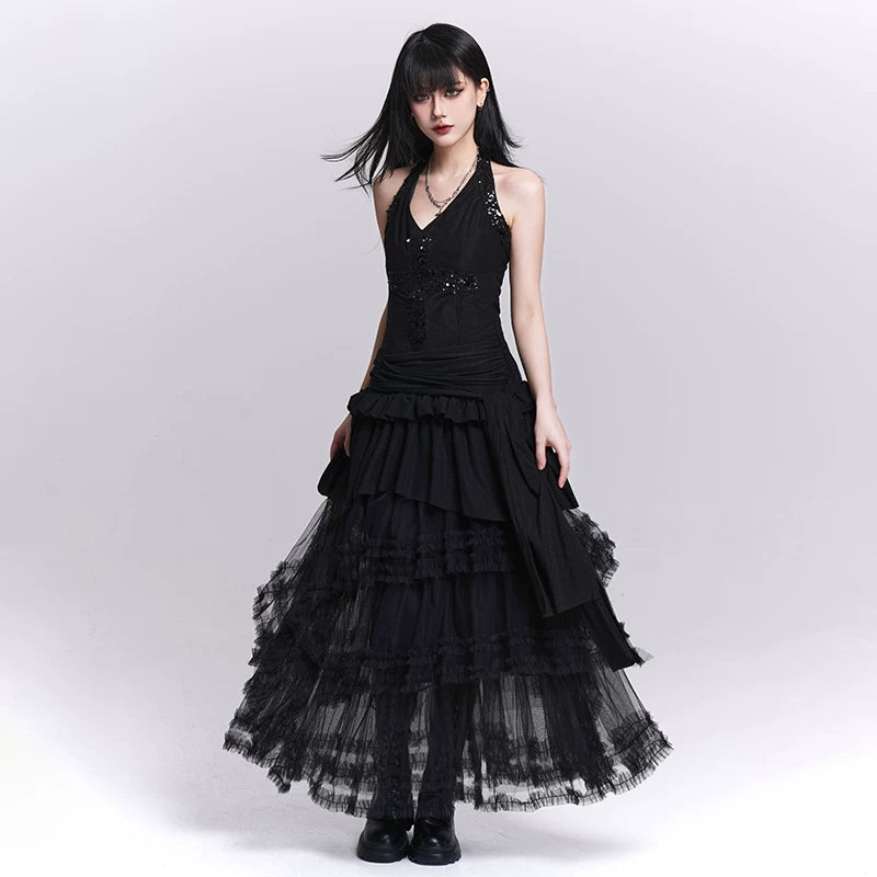 Women’s Black Halter Neck Mini Dress – Backless Sequin Slim Fit Dress
