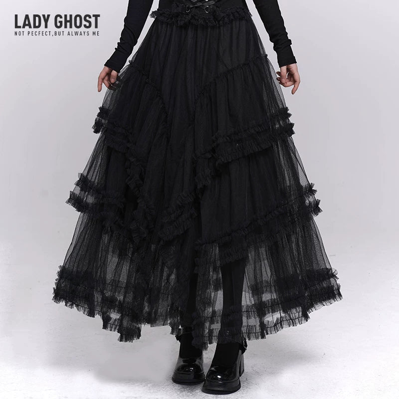 Women’s Black Mesh Maxi Skirt – Tiered Asymmetrical Long Skirt