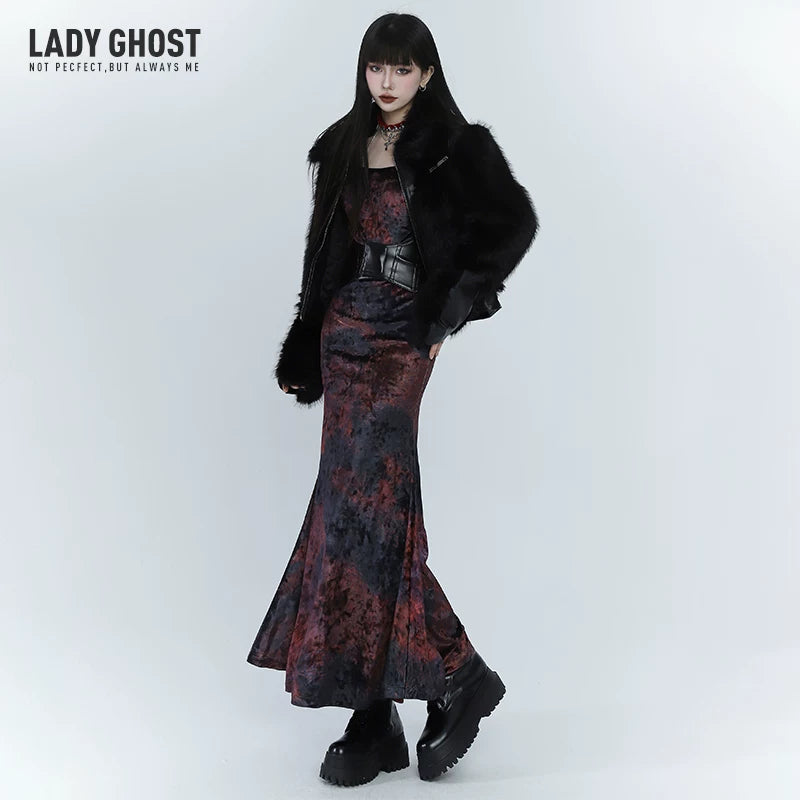 Red Velvet Fishtail Maxi Dress for Women – Elegant Long Sleeve Dress