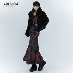 Red Velvet Fishtail Maxi Dress for Women – Elegant Long Sleeve Dress