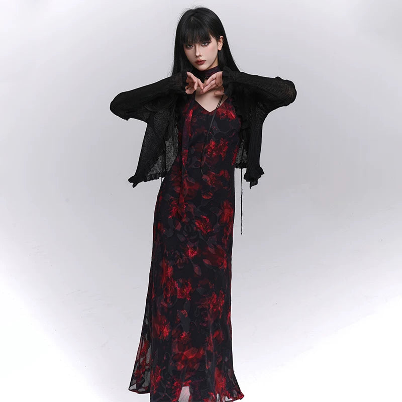 Women’s Black and Red Floral Suspender Midi Dress – A-Line for Summer and Events