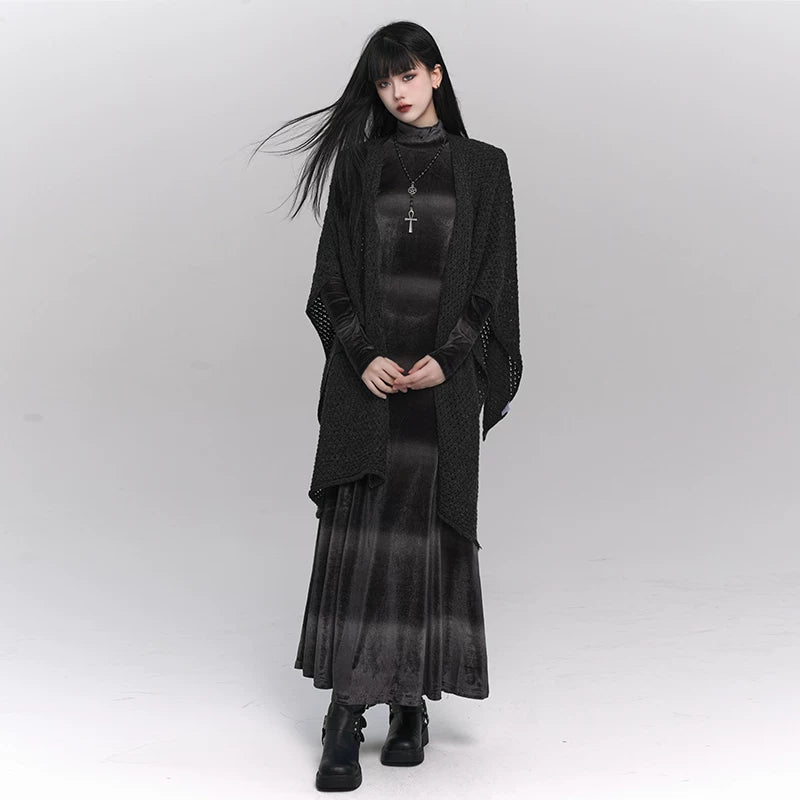 Gray Velvet Midi Dress for Women – Long Sleeve Gothic-Inspired Fall Dress