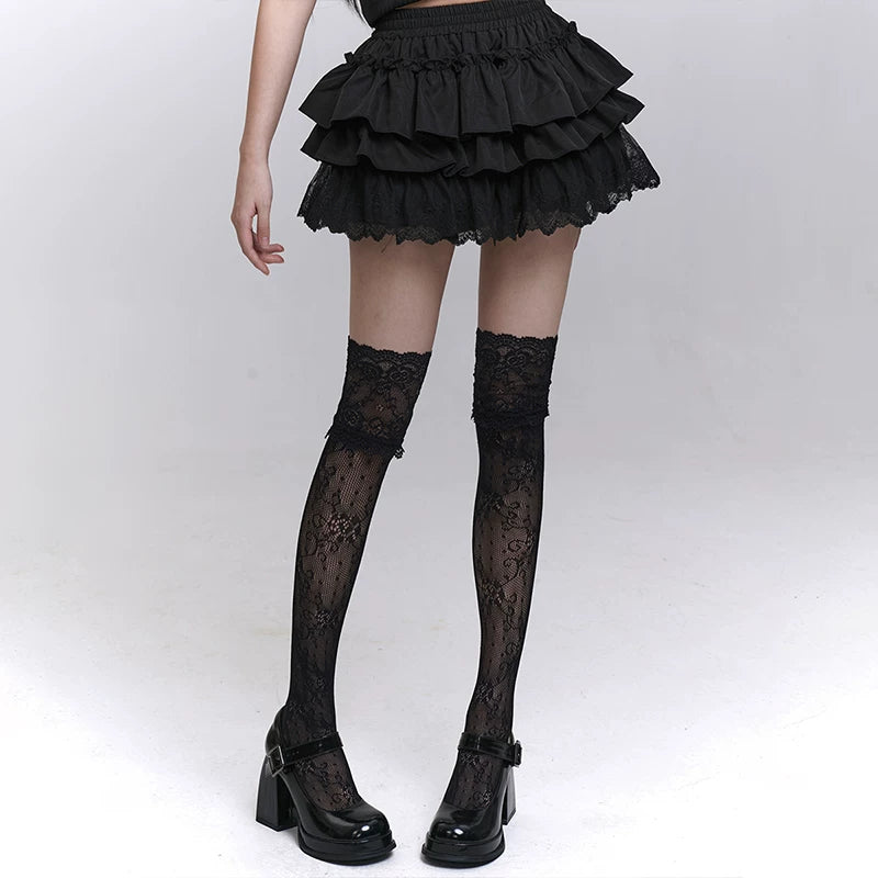 Black Tiered Mini Skirt for Women – Gothic-Inspired High-Waisted Ruffle Skirt