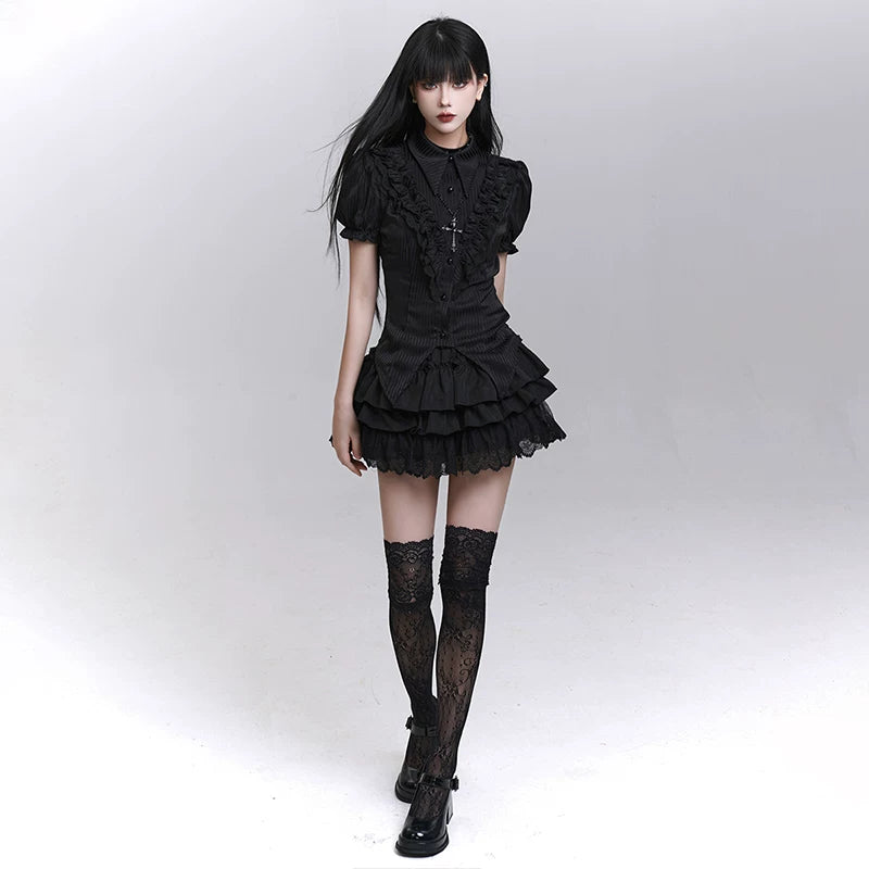 Women’s Black Puff Sleeve Short Sleeve Top – Gothic Style for Summer