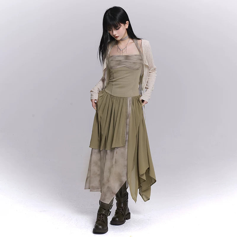 Women’s Gray Strappy Maxi Dress – Asymmetrical A-Line Long Dress