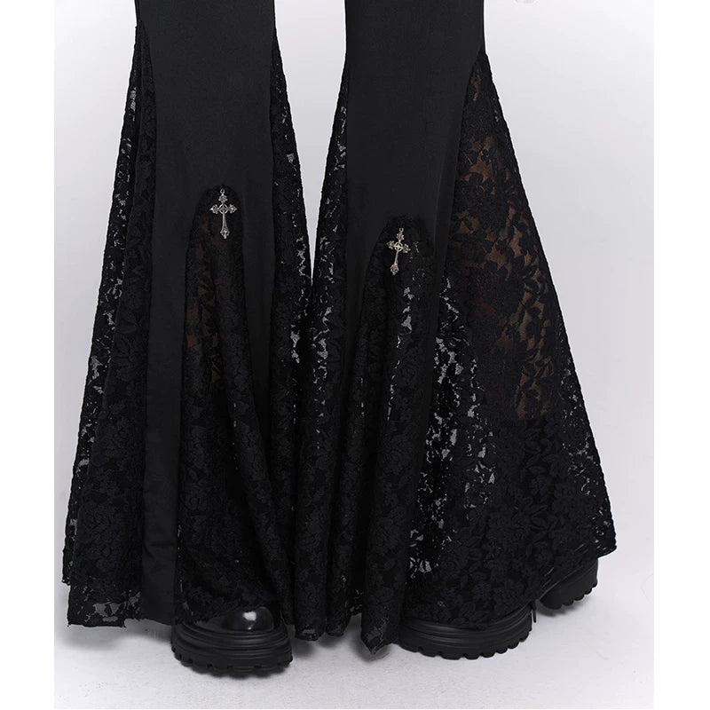 Women’s Black High-Waisted Flared Pants with Cross Detail – Gothic Style Wide Leg Trousers