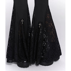 Women’s Black High-Waisted Flared Pants with Cross Detail – Gothic Style Wide Leg Trousers