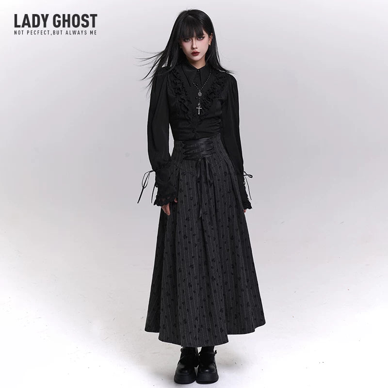 Women’s Gray Striped A-Line Skirt – High Waisted Midi Skirt for Fall