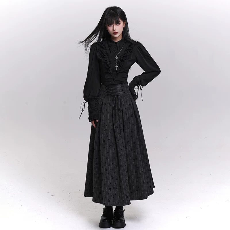 Women’s Gray Striped A-Line Skirt – High Waisted Midi Skirt for Fall