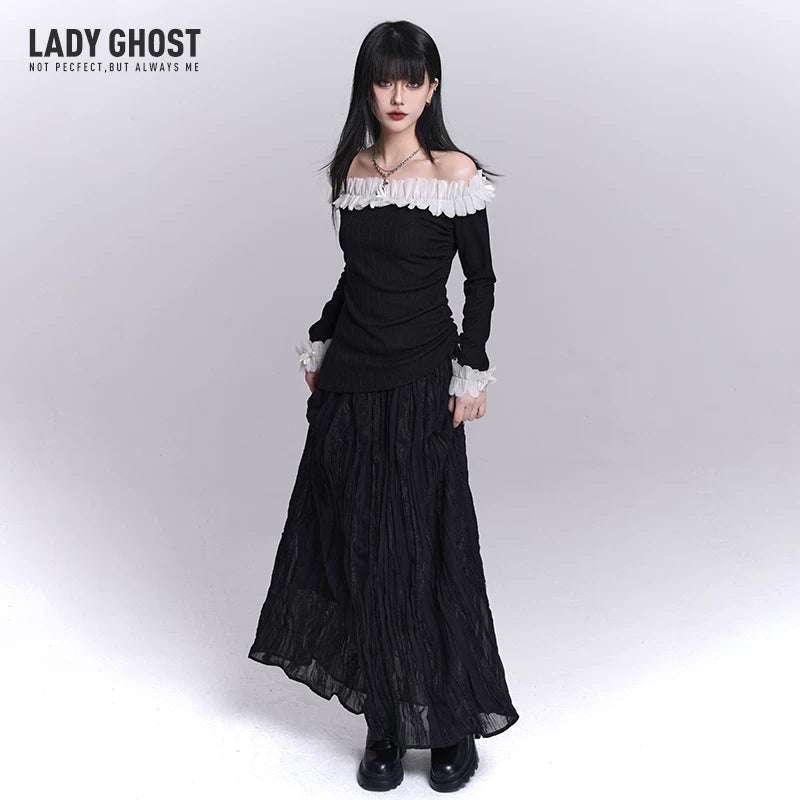 Women’s Black Pleated Lace Panel Maxi Skirt – A-Line Long Skirt