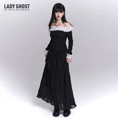 Women’s Black Pleated Lace Panel Maxi Skirt – A-Line Long Skirt