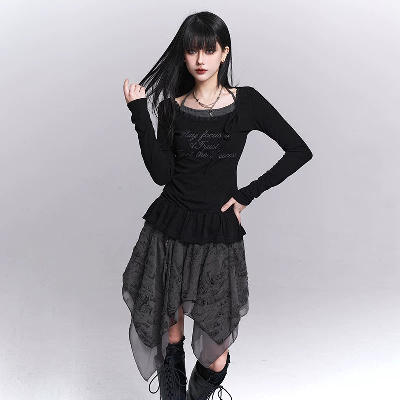 Women’s Black Halter Neck Top – Faux Two-Piece Long Sleeve Slim Fit Top