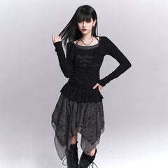 Women’s Black Halter Neck Top – Faux Two-Piece Long Sleeve Slim Fit Top