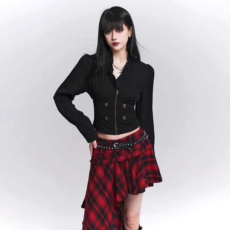 Women’s Black Ruffle Crop Top – Faux Two-Piece Slim Fit Blouse