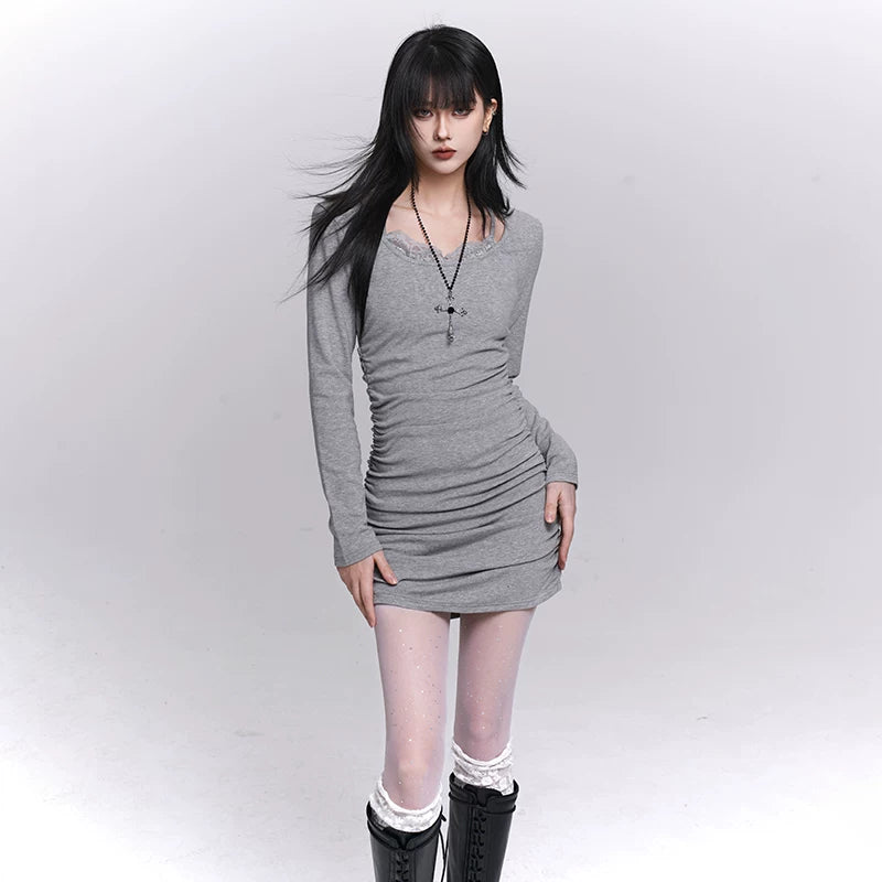 Women’s Gray Bodycon Dress – Faux Two-Piece Slim Fit Mini Dress