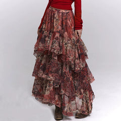 Women’s Red Floral Maxi Skirt – Tiered A-Line Long Skirt