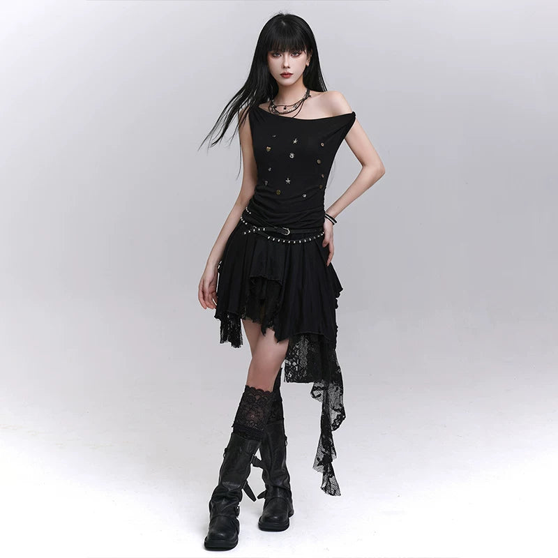 Women’s Black Lace Mini Skirt with Irregular Hem – High-Waisted for Summer and Festivals