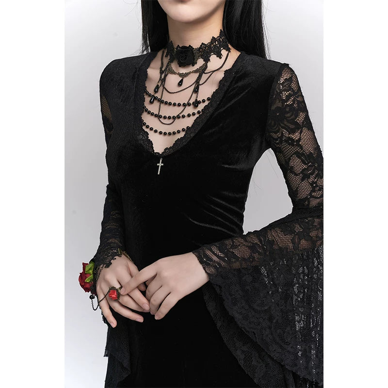 Black Gothic Maxi Dress for Women – Medieval-Inspired Long Sleeve Dress