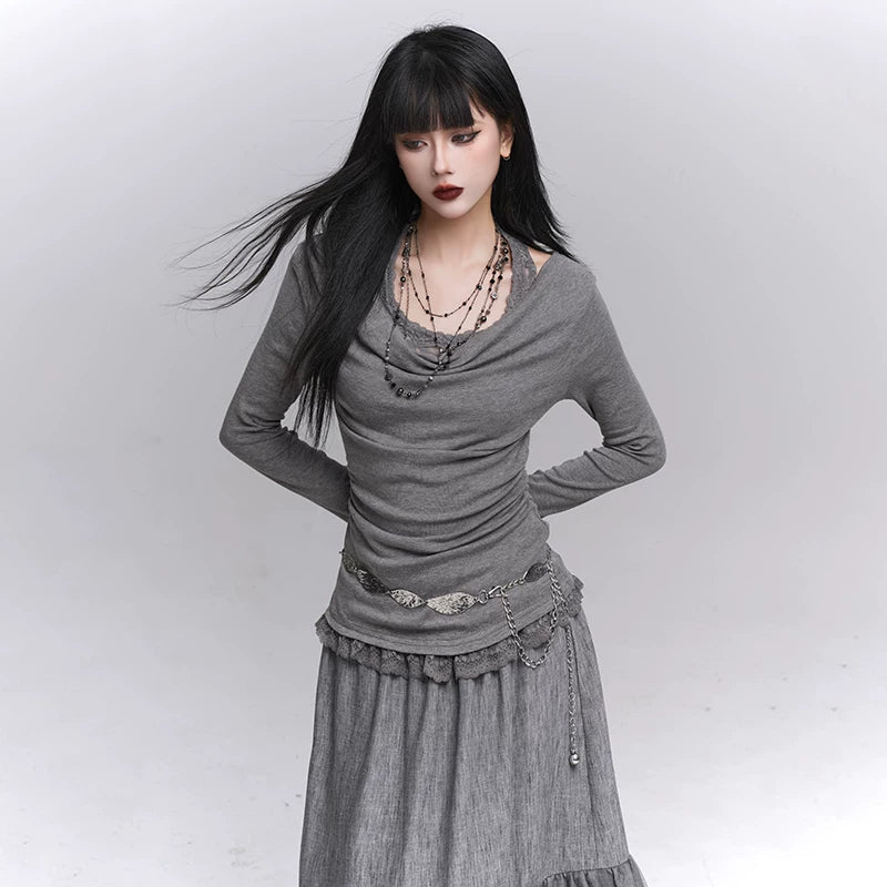 Off-Shoulder Long Sleeve Top for Women – Layered Two-in-One Design