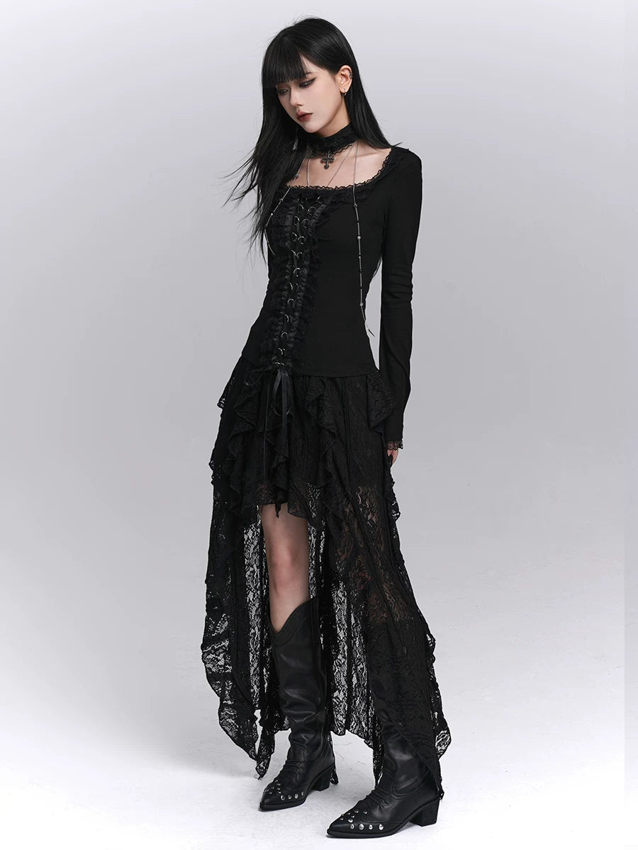 Women’s Black Lace A-Line Midi Skirt with Irregular Hem – High-Waisted for Fall and Halloween
