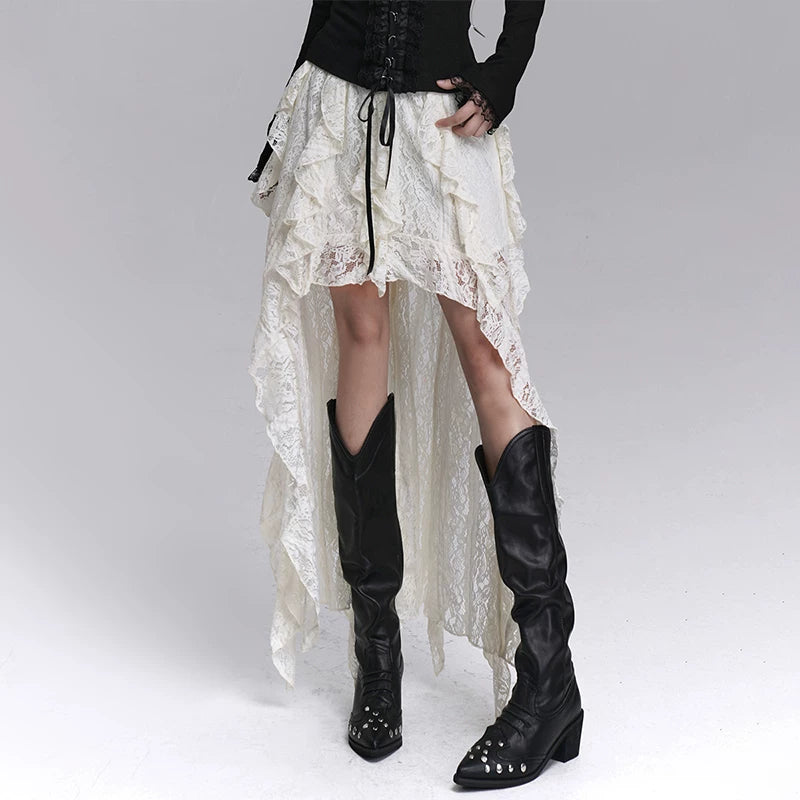 Women’s Black Lace A-Line Midi Skirt with Irregular Hem – High-Waisted for Fall and Halloween