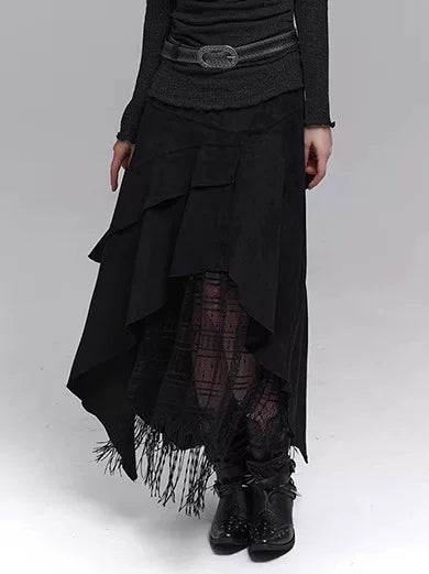 Suede Brown A-Line Maxi Skirt Set for Women – Long Sleeve Blouse, Vintage-Inspired Dark Academia Outfit