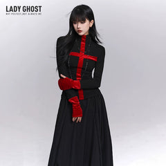 Women’s Black Gothic Cross Top – Half Turtleneck Long Sleeve Layering Top