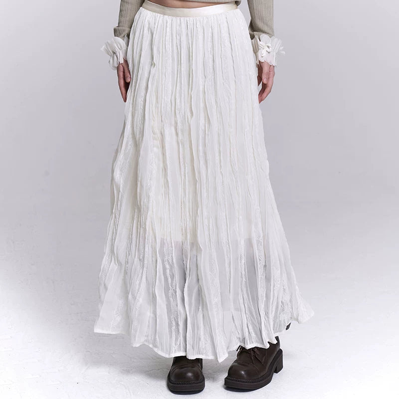 Women’s Black Pleated Lace Panel Maxi Skirt – A-Line Long Skirt