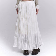 Women’s Black Pleated Lace Panel Maxi Skirt – A-Line Long Skirt