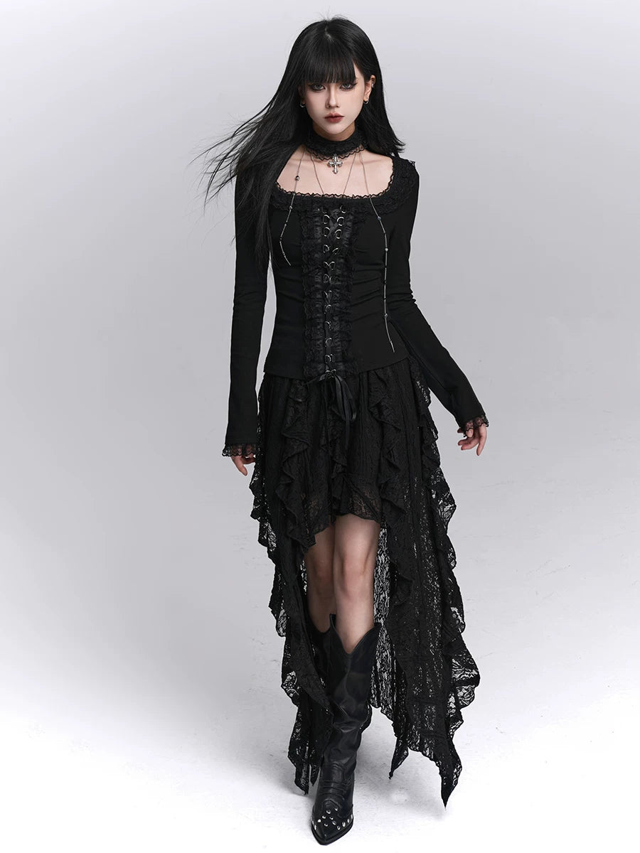 Black Fitted Gothic Long Sleeve Top for Women – Base Layer Top