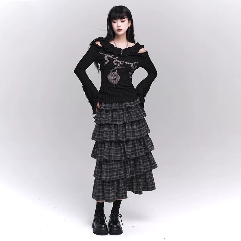 Women’s Plaid Tiered Maxi Skirt – High-Waisted A-Line Skirt for Spring